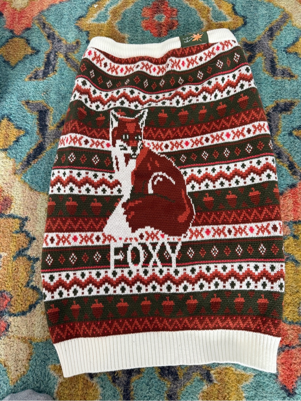 Foxy Pattern Red & Green Knit Dog Sweater - Brand Unknown